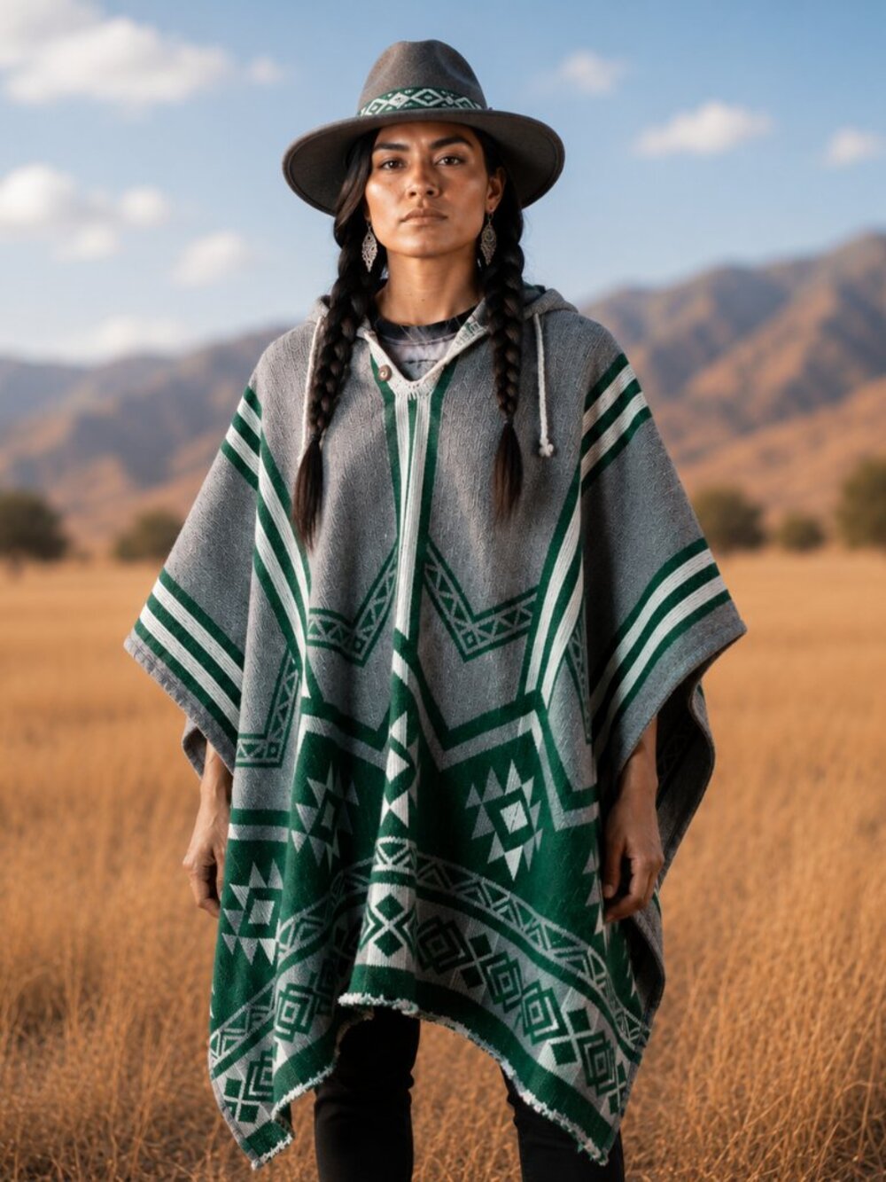 Handwoven UNISEX Native American Hooded Wool Poncho - 100% Wool Pullover Coat